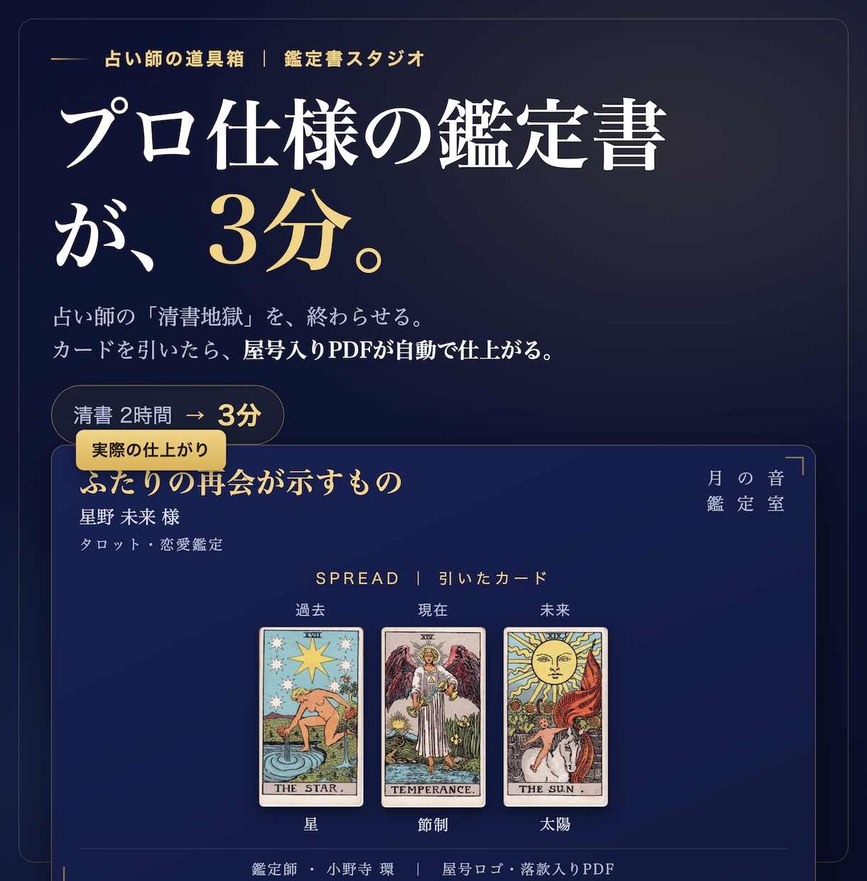 鑑定書の清書を2時間から3分にする道具を渡します 買い切り・月額なし。占い師専用カルテ+AI鑑定書PDF工房 イメージ1