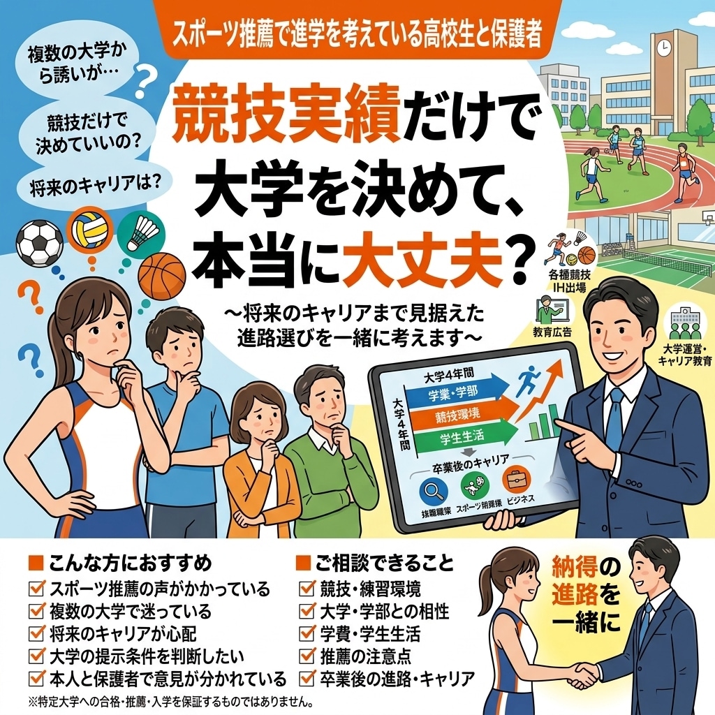 IH出場・C大スポーツ推薦経験者がアドバイスします 競技経験と教育現場の知見から、あなたに合う進路を一緒に整理！ イメージ1