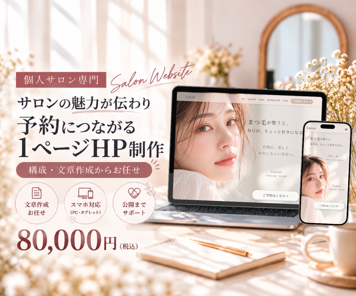 個人サロン専門｜1ページホームページを制作します 文章・構成からお任せ◎サロンの魅力を伝え予約に繋がるHP制作 イメージ1
