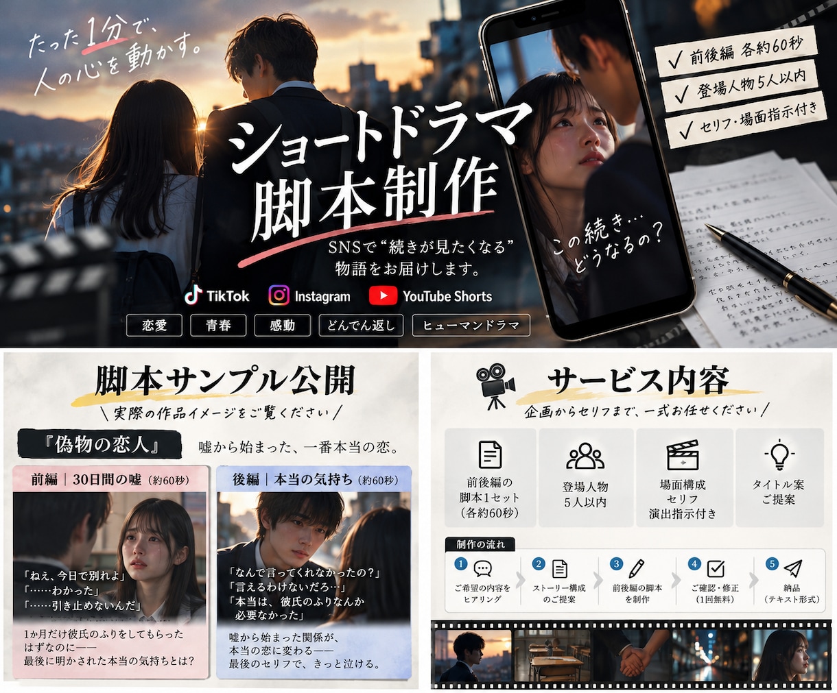 SNS向けショートドラマ脚本を制作しますます 恋愛・青春・感動系！前後編各1分の脚本を丁寧に制作 イメージ1