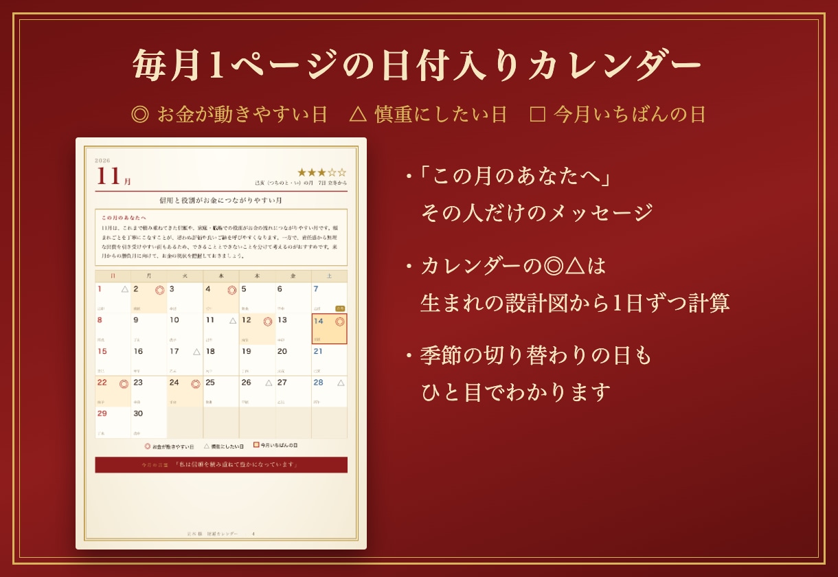 あなただけの「財運カレンダー」を12ヶ月分作ります お金が動く日と慎重な日が日付でわかる12ヶ月 イメージ2