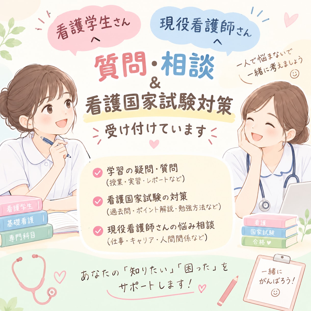 看護業務相談、看護学生さんの学習支援ます 実習の記録の指導、支援や国家試験対策。看護業務に関する相談 イメージ1