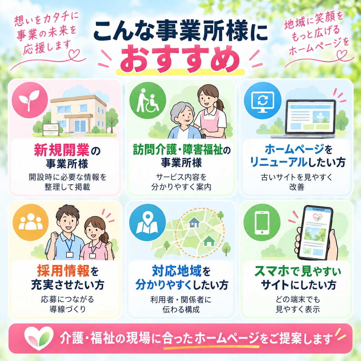 介護・福祉事業所専門のホームページを制作します 利用者・ご家族・関係者に信頼されるサイトを制作 イメージ2