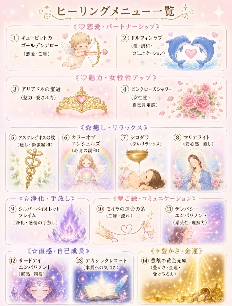14種から選べるヒーリング♡アチューメントします 恋愛・浄化・癒し・直感・金運UP14種類から選べます⟡ イメージ1