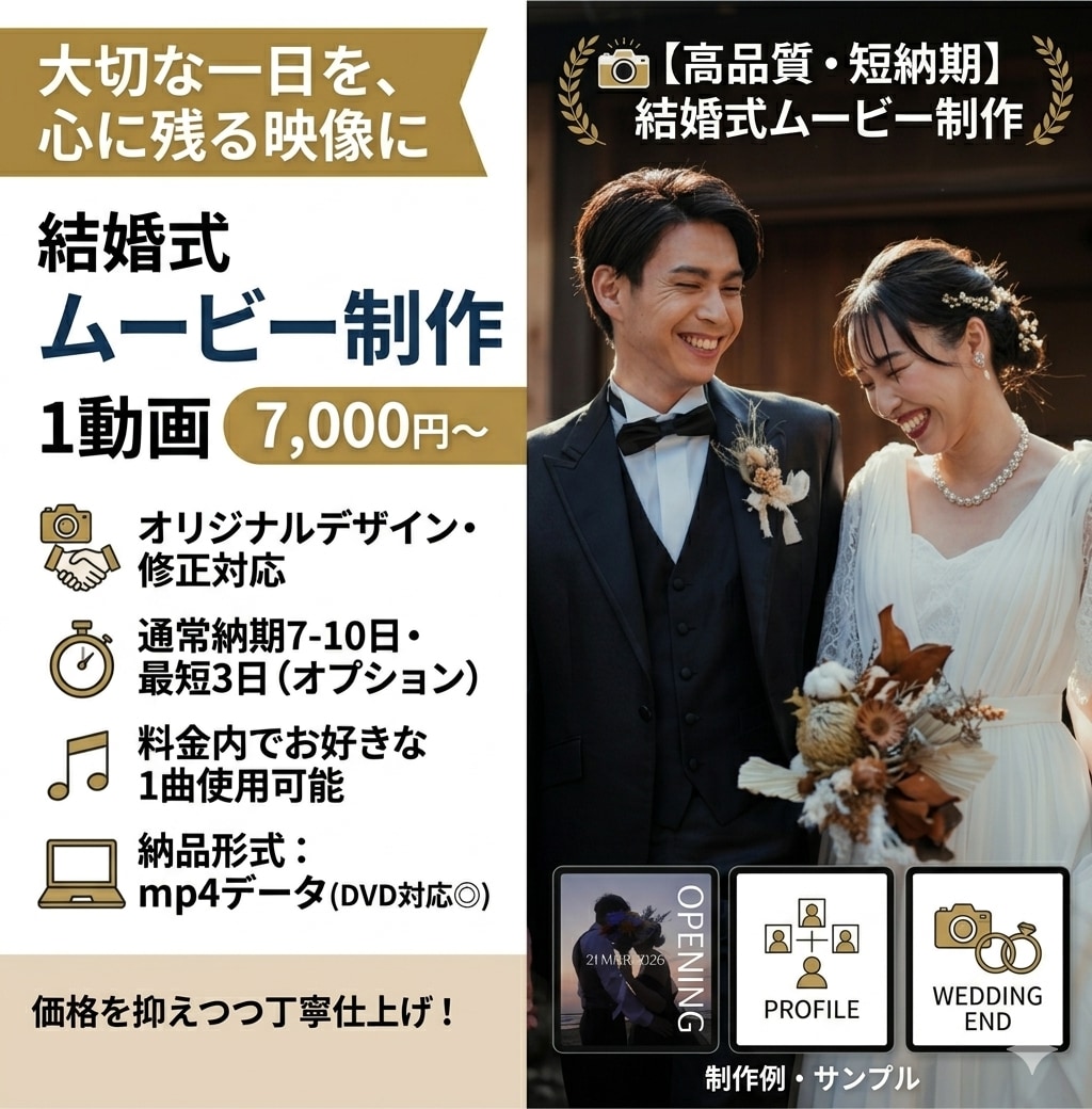 DVD納品可！格安で結婚式のムービー作成します オープニング・プロフィールムービーご希望の楽曲で制作♪ イメージ1