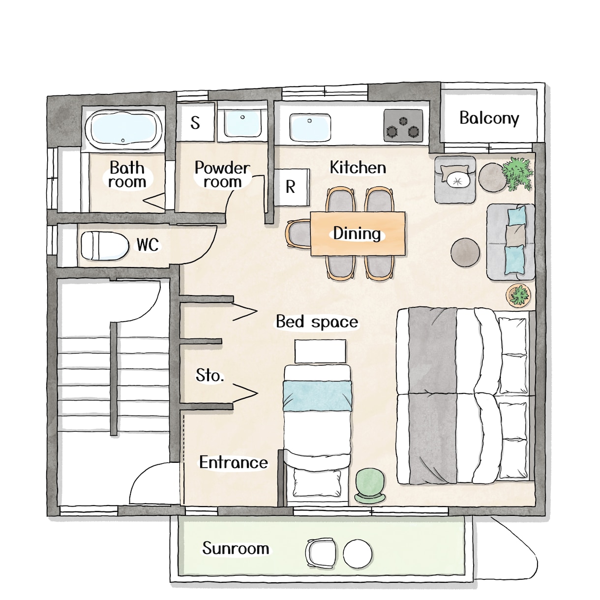 優しいイラスト間取り図を作ります 住宅･民泊･WEB広告用に、手描きでオリジナル図面を作ります イメージ5