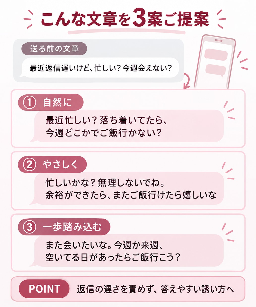 送る前の恋愛LINEを男性目線で3案作ります 自然・やさしい・一歩踏み込む｜状況に合わせた完成文を提案 イメージ2