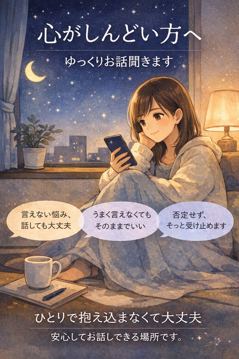鬱・不安、不安な気持ちをチャットで否定せず聞きます 否定も説教もしません。ただ安心して話せる時間を大切にします イメージ1