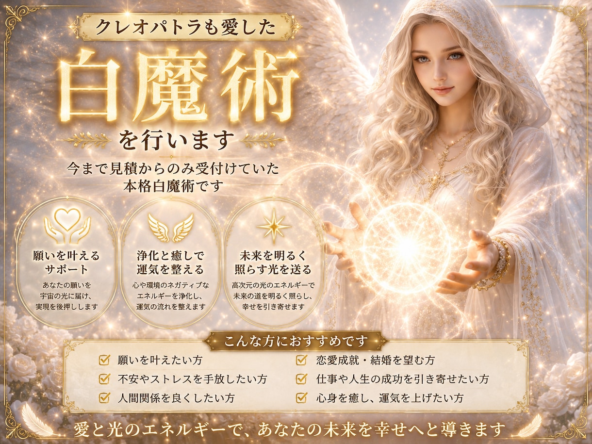 クレオパトラも愛した白魔術を行います 今まで見積からのみ受付けていた本格白魔術です イメージ1
