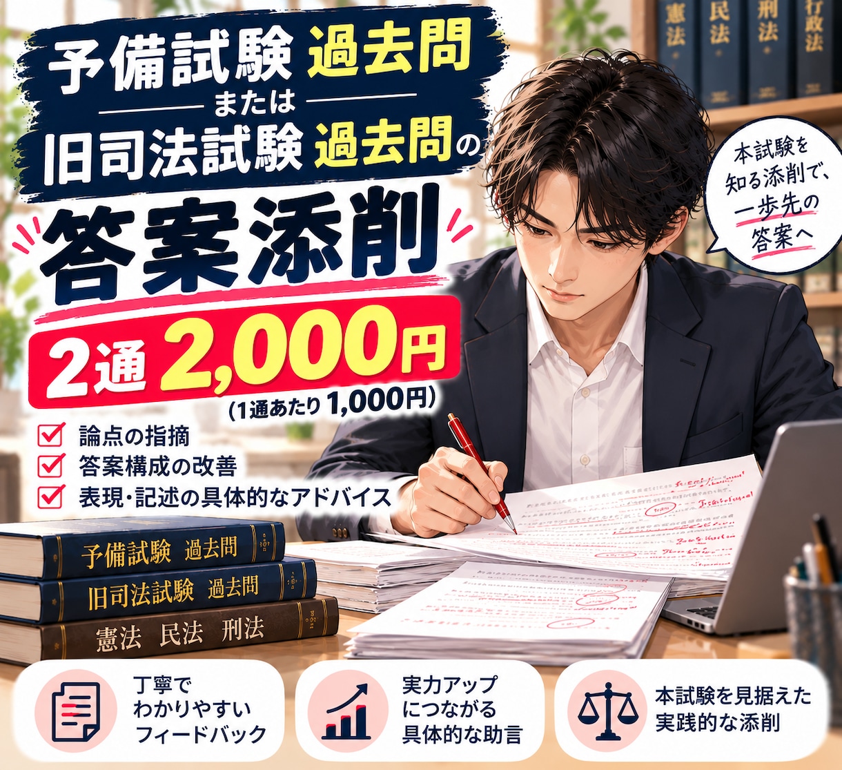 予備試験、旧司法試験過去問の論文答案を添削します 2通2000円で答案添削。質問可能。 イメージ1