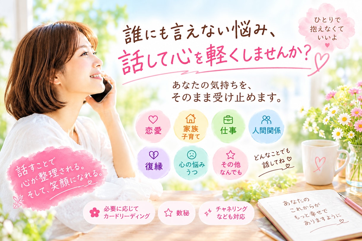 誰にも言えない悩み、聞きます 恋愛・家族・子育て・仕事・人間関係、モヤモヤ解消へ イメージ1