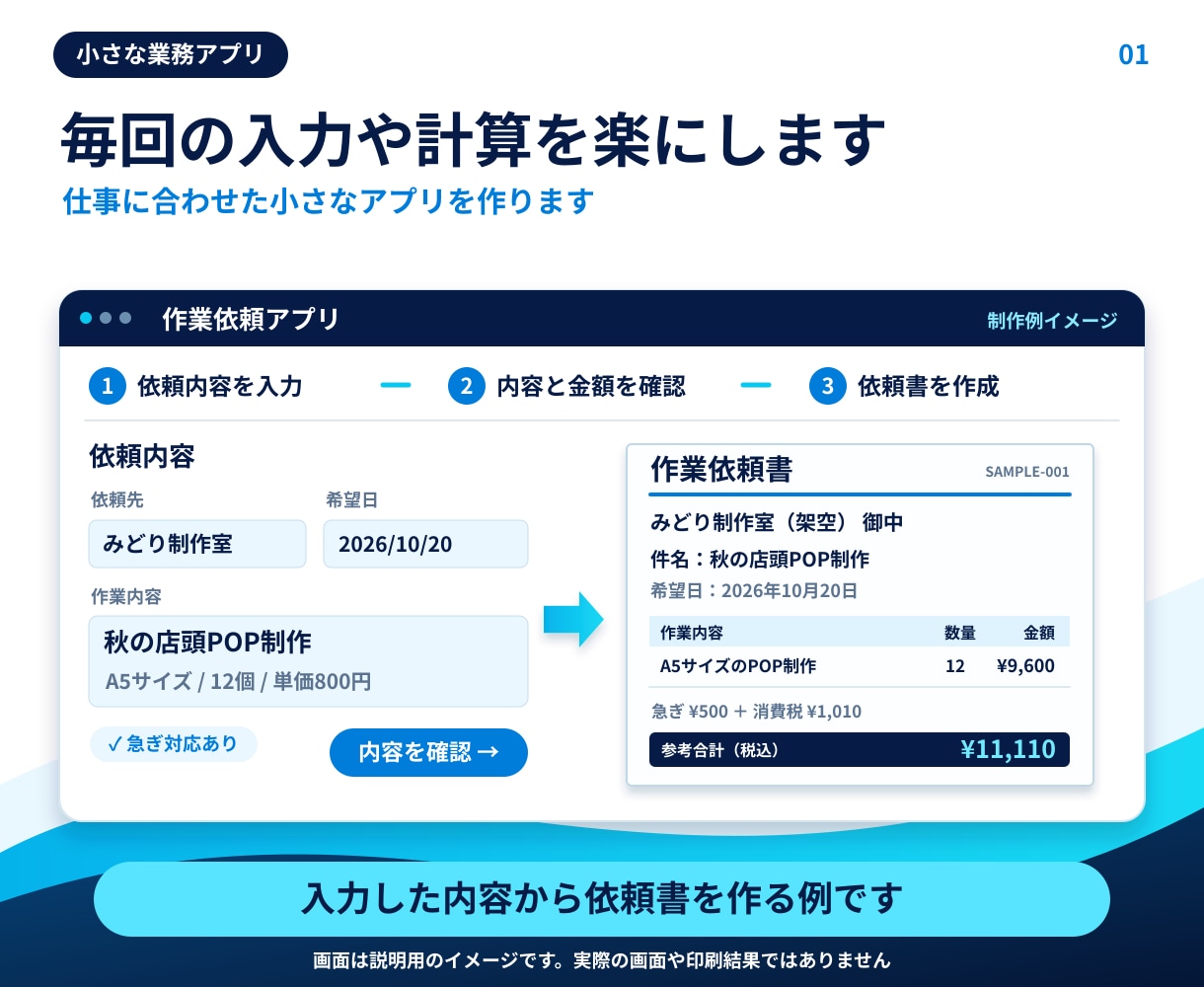 入力や計算を楽にする業務アプリを作ります 困っている作業を聞き、必要な機能を一緒に決めます イメージ1