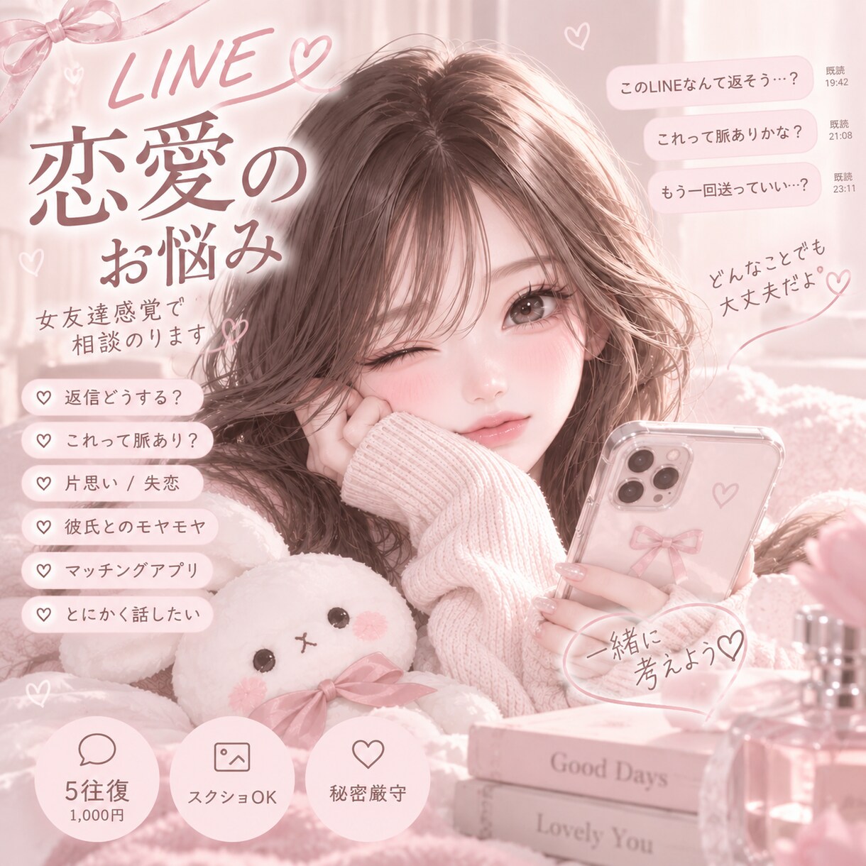 LINE・恋愛のお悩み、女友達感覚で相談のります 返信・片思い・彼氏のことなど、るると一緒に考えます♪ イメージ1
