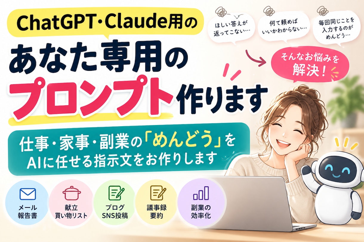 ChatGPT・Claude用プロンプト作ります 仕事・家事・副業のめんどうをAIに任せる指示文を作成 イメージ1