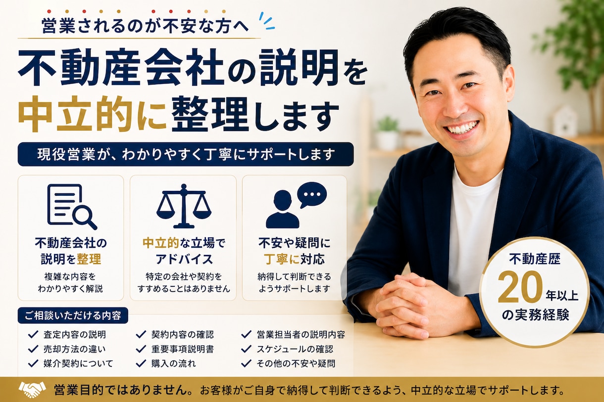 不動産会社の説明を中立的に整理します 不動産歴20年以上｜現役営業が丁寧にご説明 イメージ1