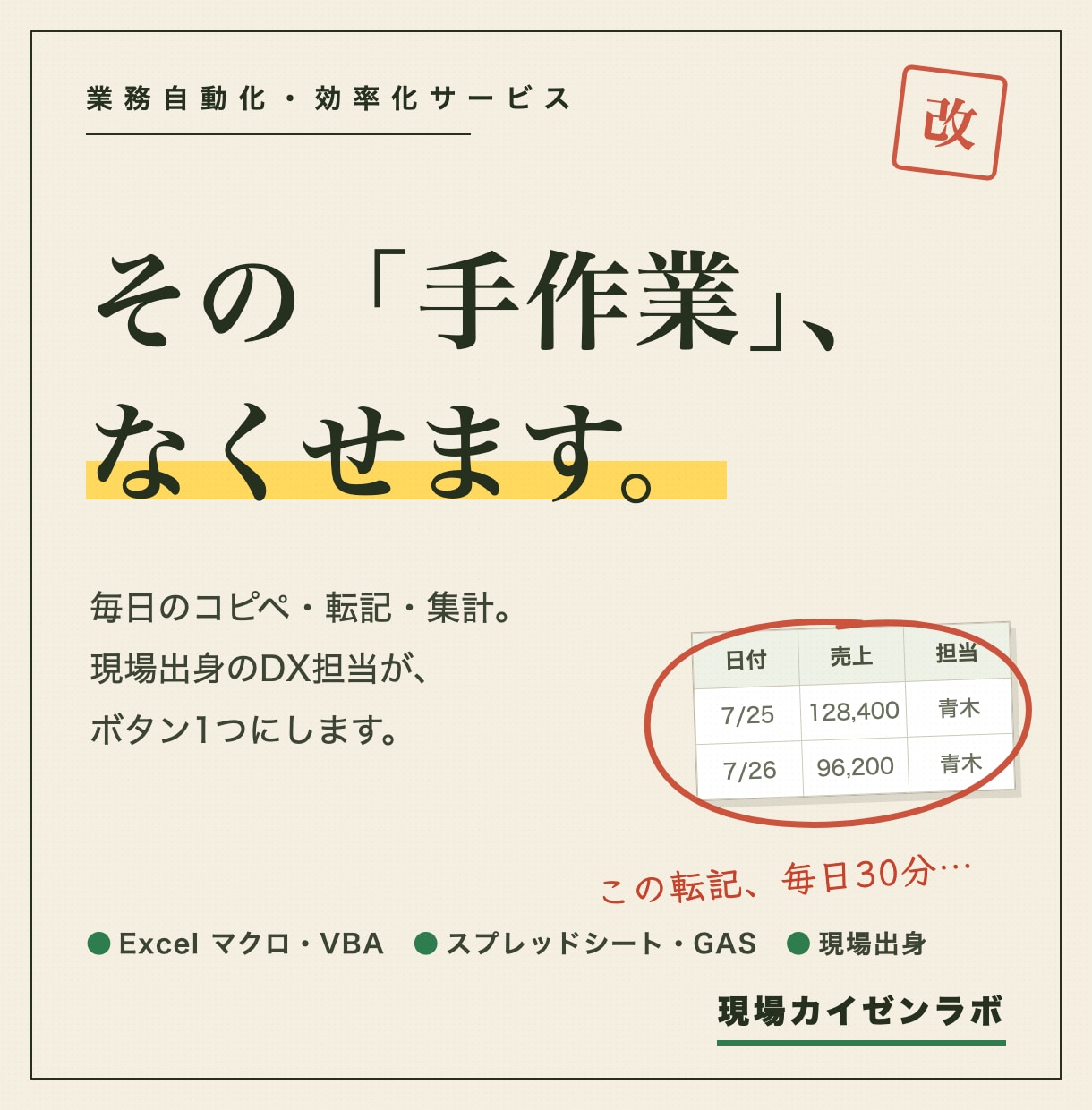 Excel・スプレッドシートの手作業なくします 「システム会社に頼むほどではない」困りごとが得意です イメージ1