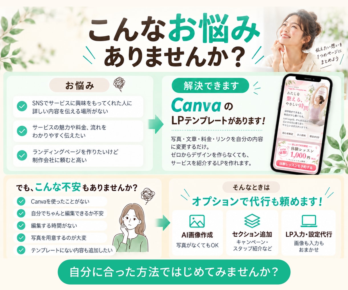 ヨガ用CanvaスマホLPテンプレ販売します 写真と文章を差し替えて使える編集ガイド付き イメージ2