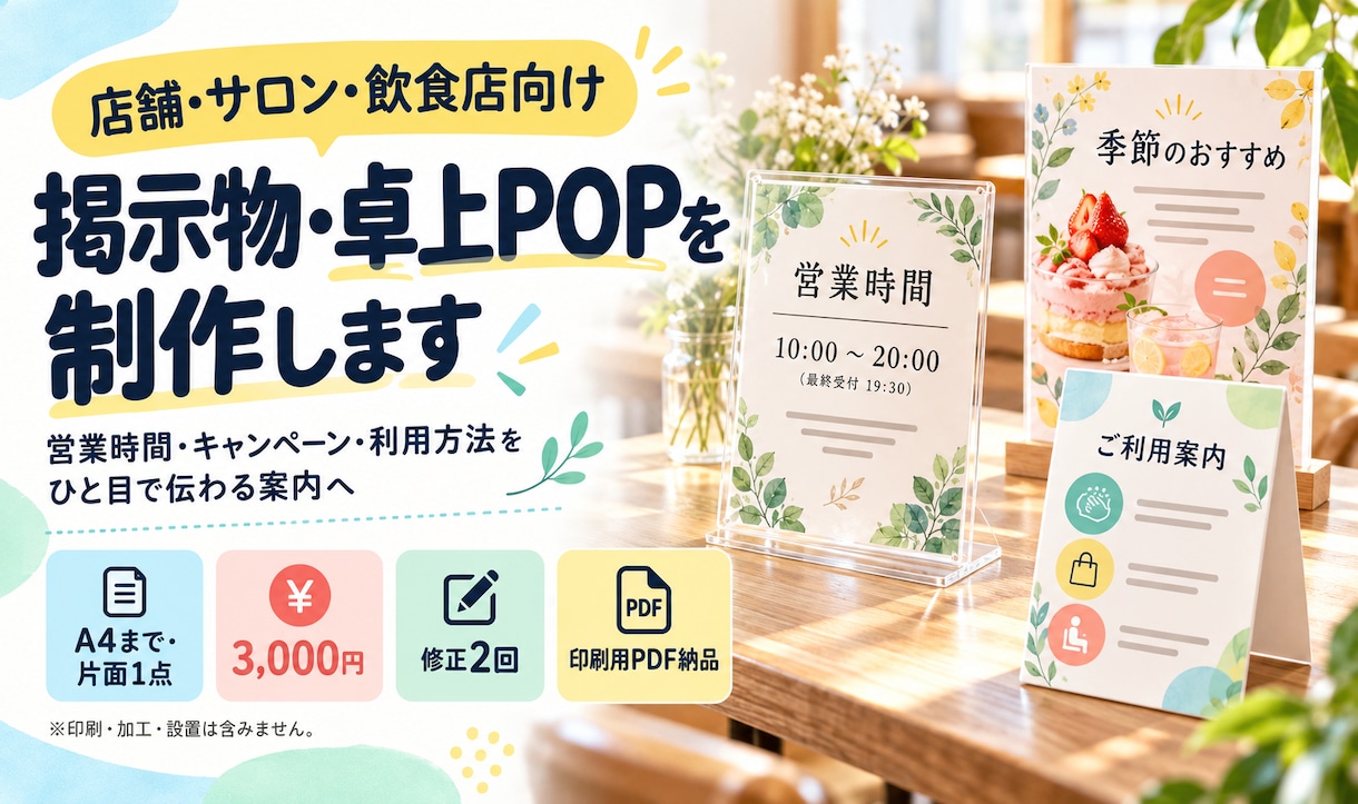 店舗の掲示物・卓上POPを制作します 営業時間・キャンペーン・利用方法をひと目で伝える イメージ1