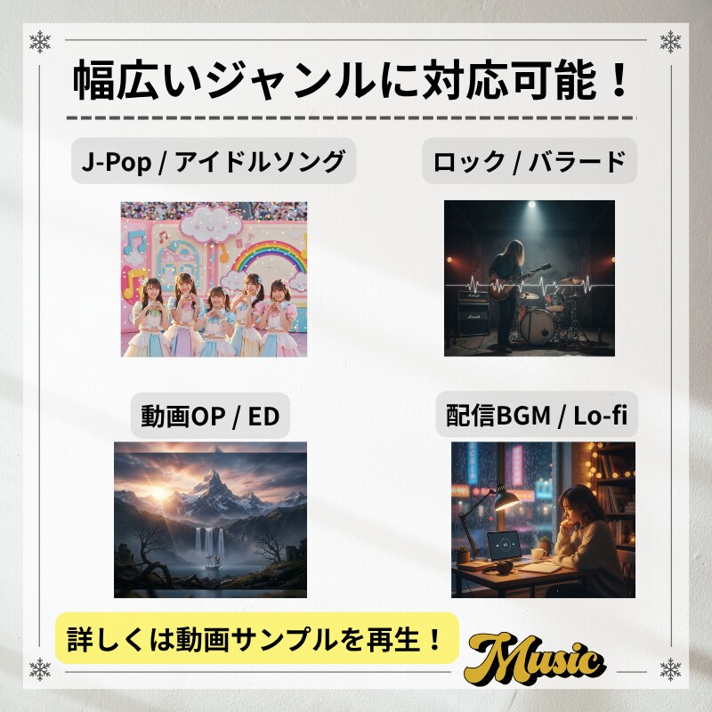 作曲のみ！動画・配信・歌モノの楽曲を制作提供します 作曲に特化。歌モノ・BGM（最大4分）のラフ音源を制作・提供 イメージ4