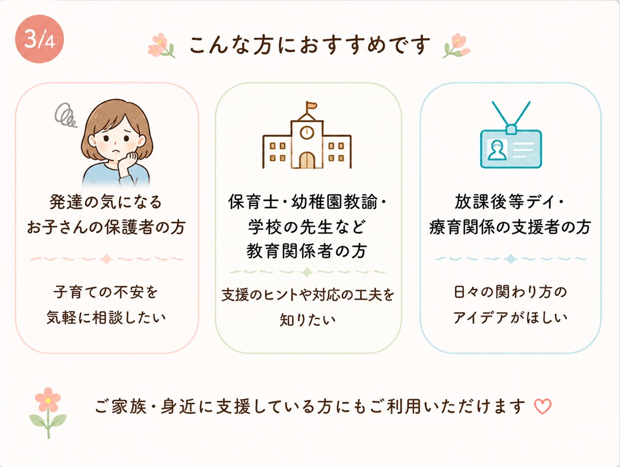 うちの子ASD/ADHD？チャットでお悩み伺います 作業療法士/公認心理師資格あり 当事者家族をもつ2児の母です イメージ3