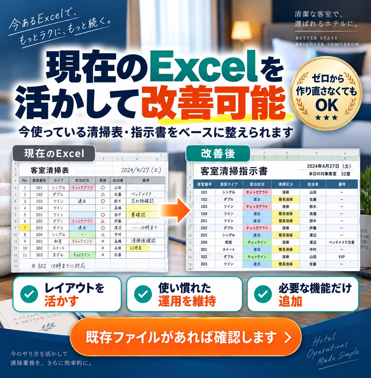 ホテルの客室清掃指示書をExcelで自動作成します 清掃員への部屋振分け・OUT/STAY集計まで効率化 イメージ3