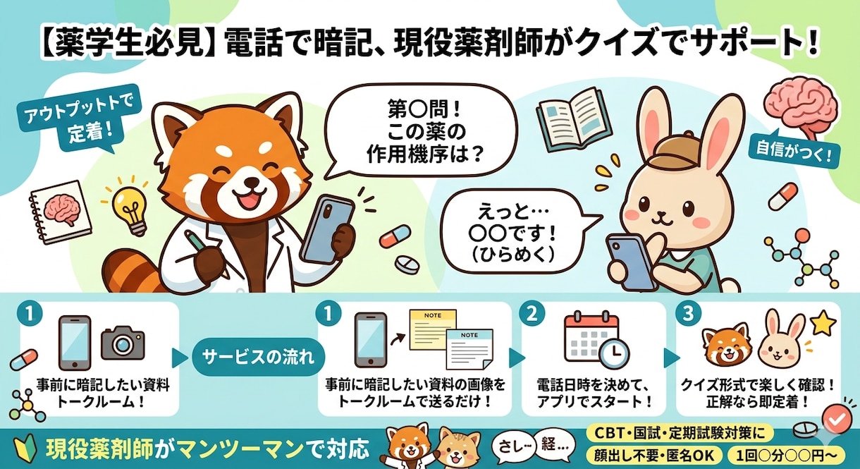 現役病院薬剤師が「一問一答」の電話相手にます 一人で暗記するのはしんどいモチベーションが続かない人に イメージ1