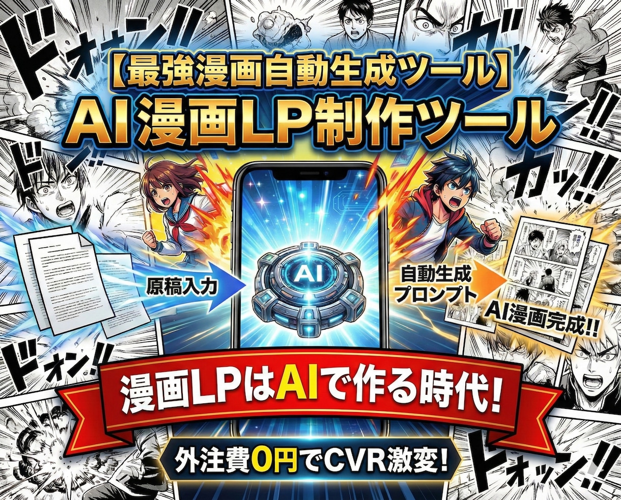 漫画LP制作ツールGem【買い切り版】を販売します 外注の時代は終了。Nanobanana Proで自動漫画作成 イメージ1