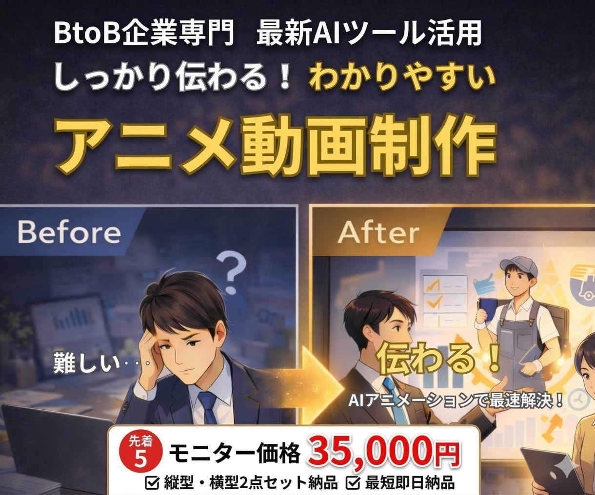 BtoB向けAIアニメ動画制作！最短即日納品します 先着5社限定3.5万円／縦型・横型2枚セット納品／丸投げOK イメージ1