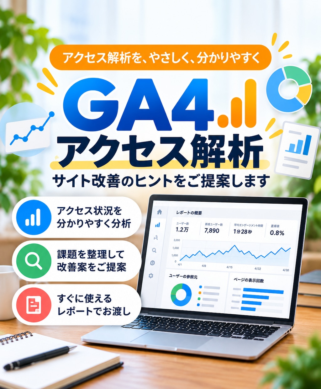 GA4を解析しサイト改善のヒントをご提案します 理想の反響を目指すブロガー・サイトオーナー様へ分かりやすく！ イメージ1