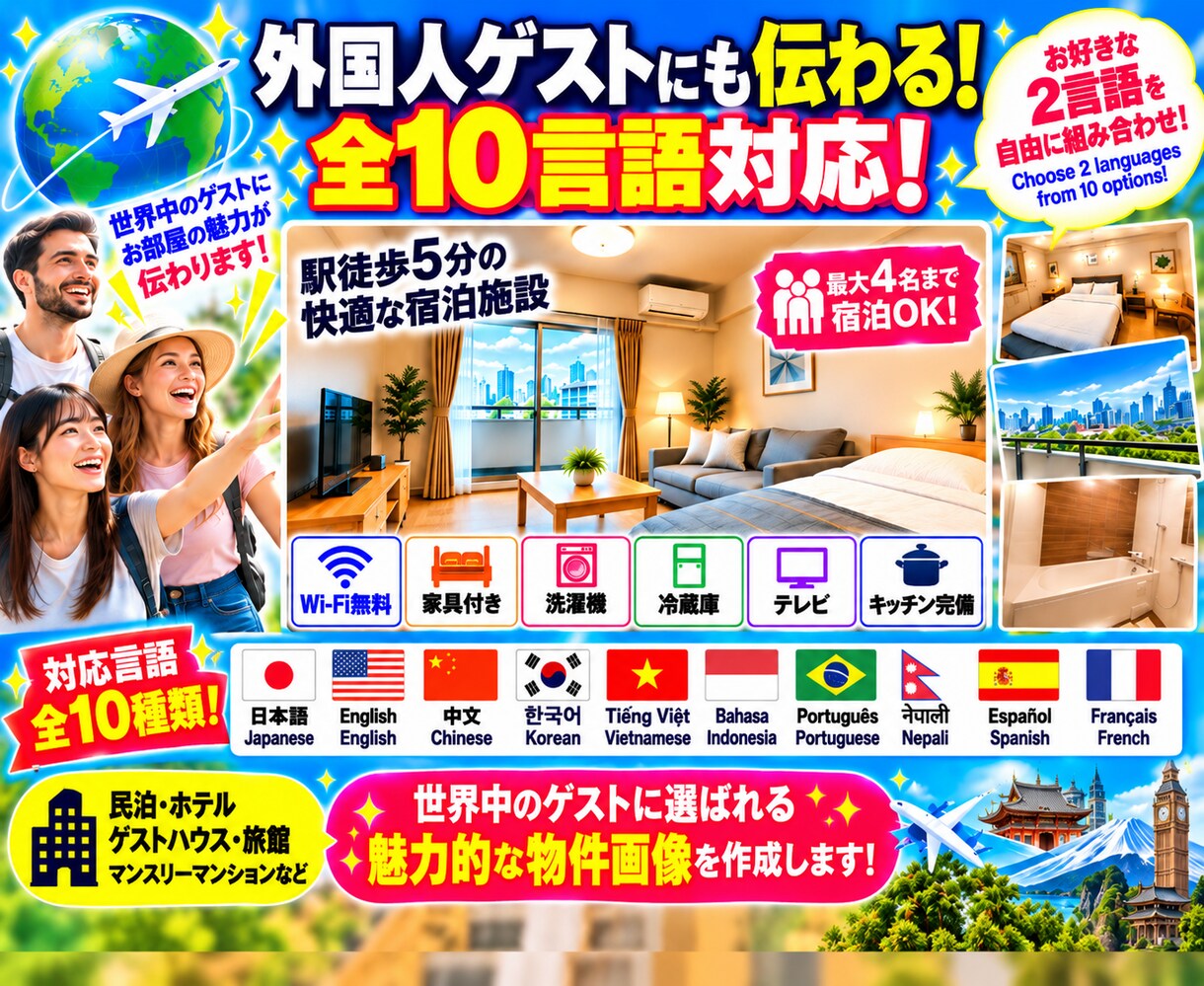 民泊施設向け！写真に文字・アイコンを追加します １０言語対応！海外のゲストに魅力が伝わる物件画像を作成します イメージ4