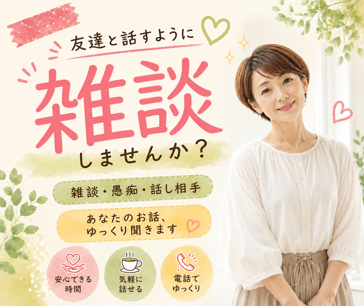 雑談・愚痴・話し相手♪あなたのお話ゆっくり聞きます 友達と話すような気軽さで、お話ししませんか？ イメージ1