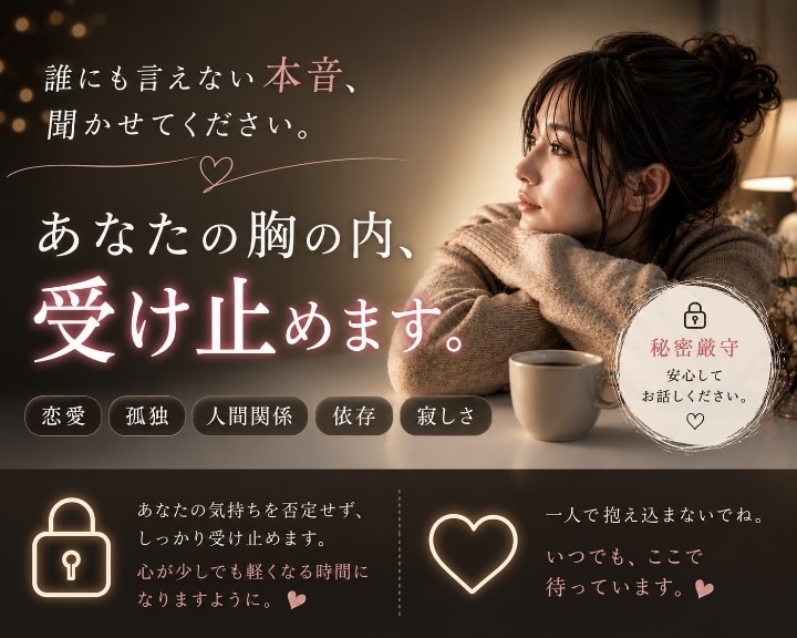 あなたの想いや考え、胸の内を全部丸ごと受け止めます 男と女の“本音”を全部見てきた私がお話聞くよ♪ イメージ1
