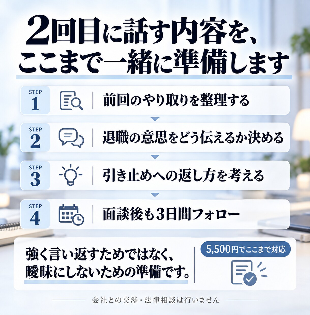 退職を引き止められた後、次の伝え方を考えます 一度言ったのに進まない時、2回目の話し方を準備 イメージ3