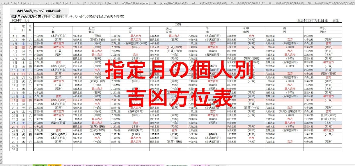 九星気学の方位盤／鑑定の自動生成ツールを提供します 祐気どりカレンダーや年盤、月盤、日盤、時盤も自動生成します イメージ5