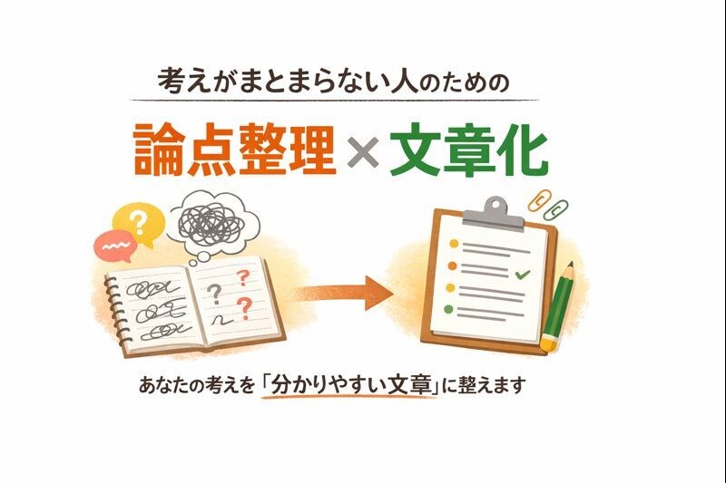 考えがまとまらない文章を論点整理します 頭の中のモヤモヤを、整え読みやすいテキストに整えます。 イメージ1