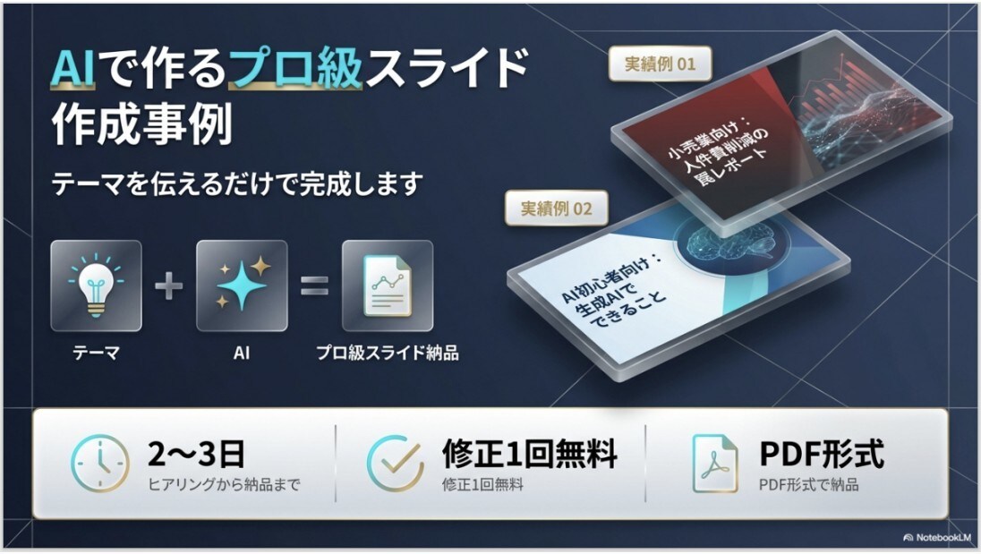 AI初心者が作るプロ級スライド資料作ります テーマを伝えるだけ！2〜3日で納品します イメージ1