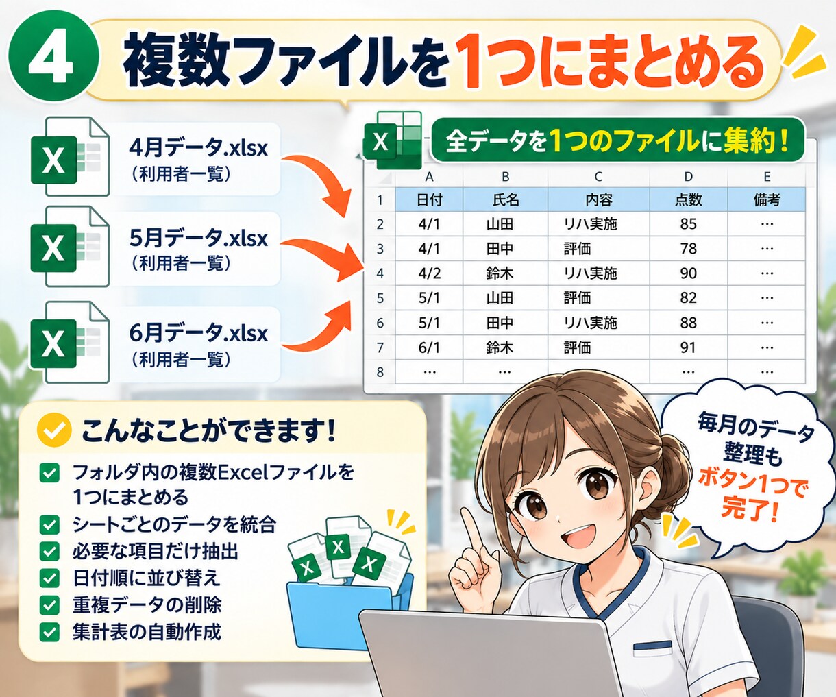 医療・介護・リハビリのExcel業務を自動化します 現場の面倒な集計・転記・帳票作成を効率化します イメージ4