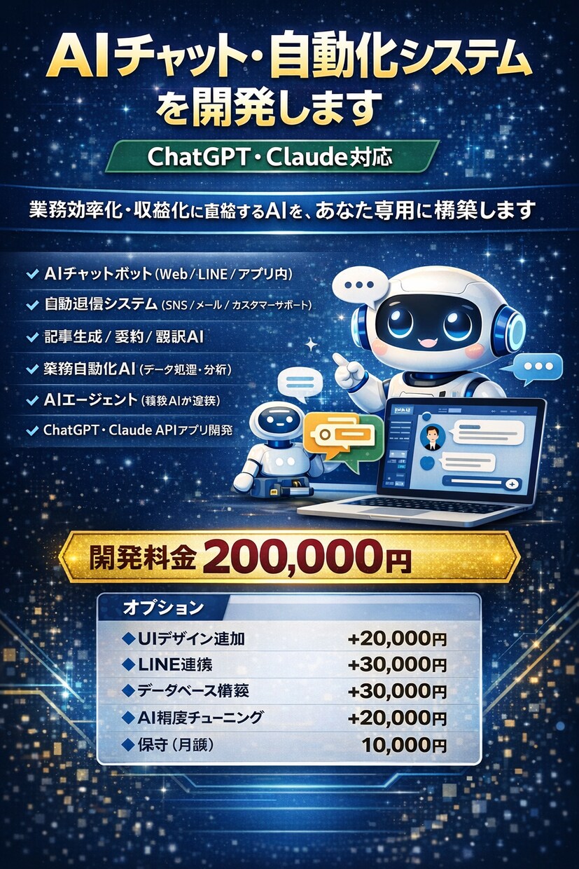 AIチャット・自動化システムを開発します 業務効率化・収益化に直結するAIを、あなた専用に構築します イメージ1