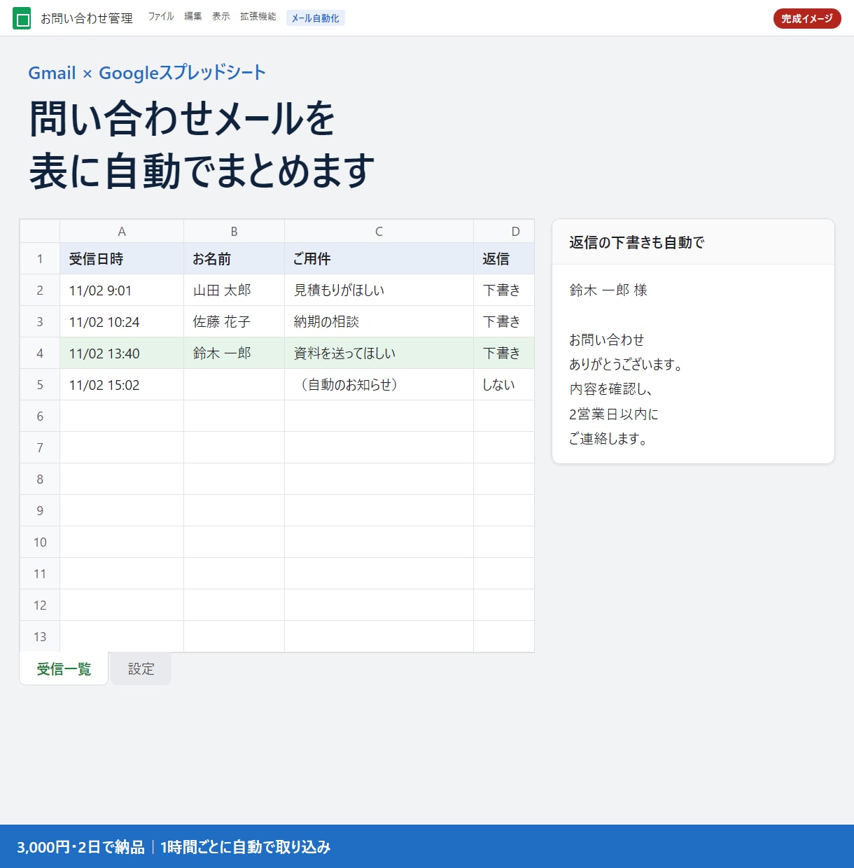 問い合わせをスプレッドシートに自動でまとめます Gmailに届いた問い合わせが、1件1行の表にたまります イメージ2