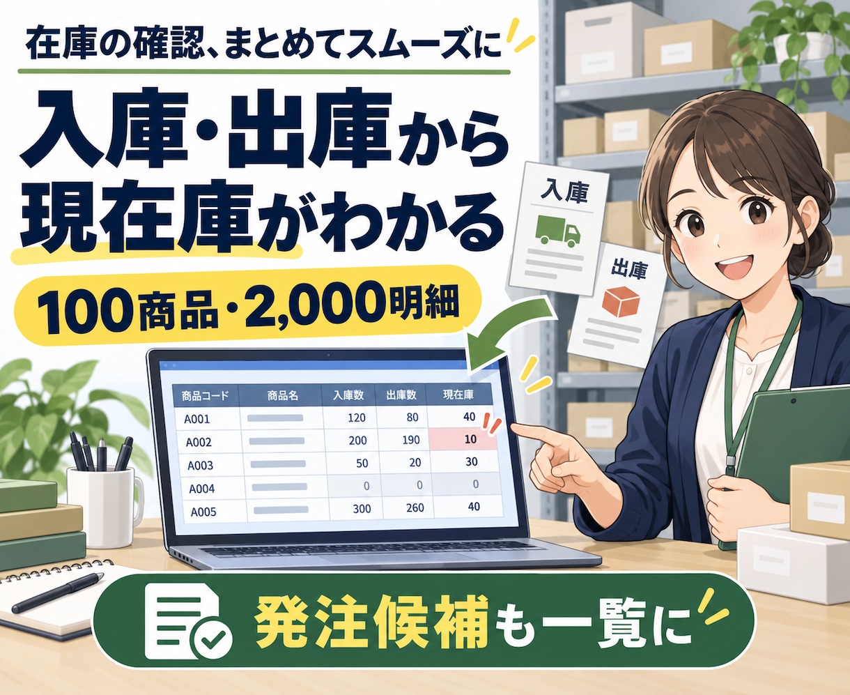 入出庫と現在庫がわかるExcelを作ります 100商品・2,000明細。発注候補も一覧表示 イメージ1
