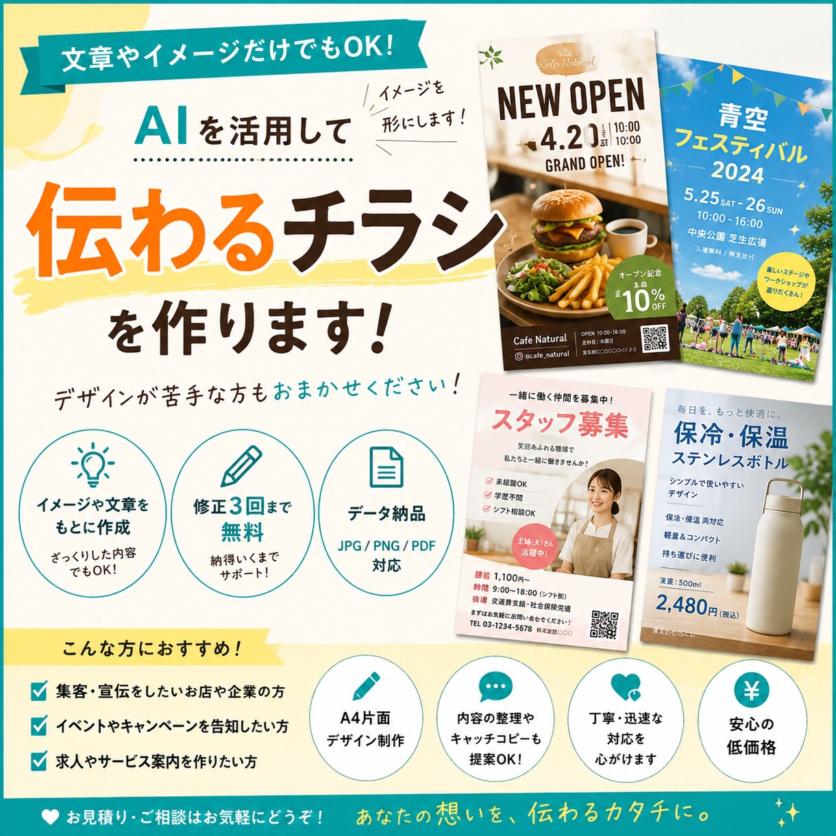 イメージから伝わるチラシを作ります 文章やイメージだけでもOK!伝わるデザインに仕上げます！ イメージ1