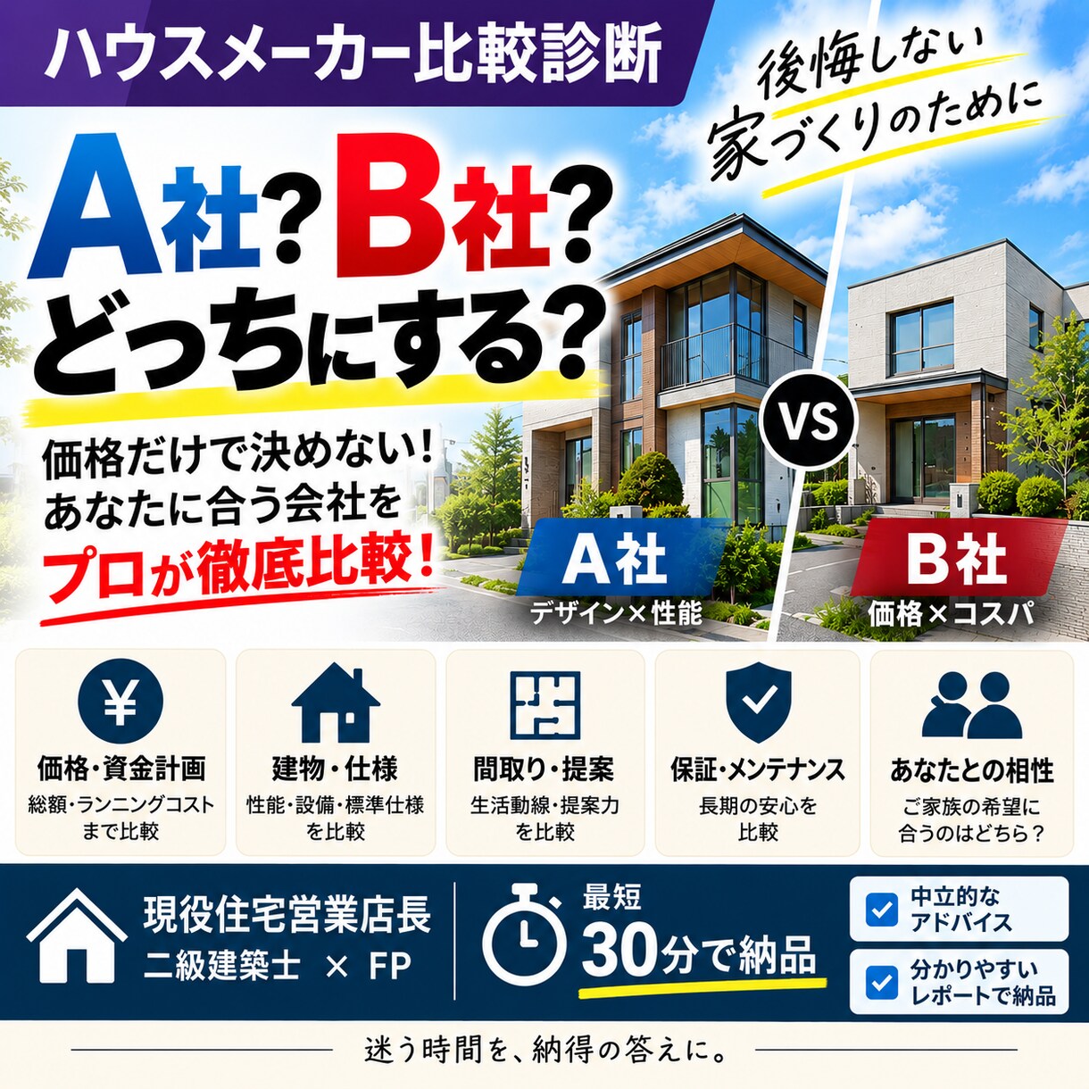 お悩みのハウスメーカーを住宅営業店長が比較します 価格だけでは決められない！あなたに合う会社を5項目で比較 イメージ1