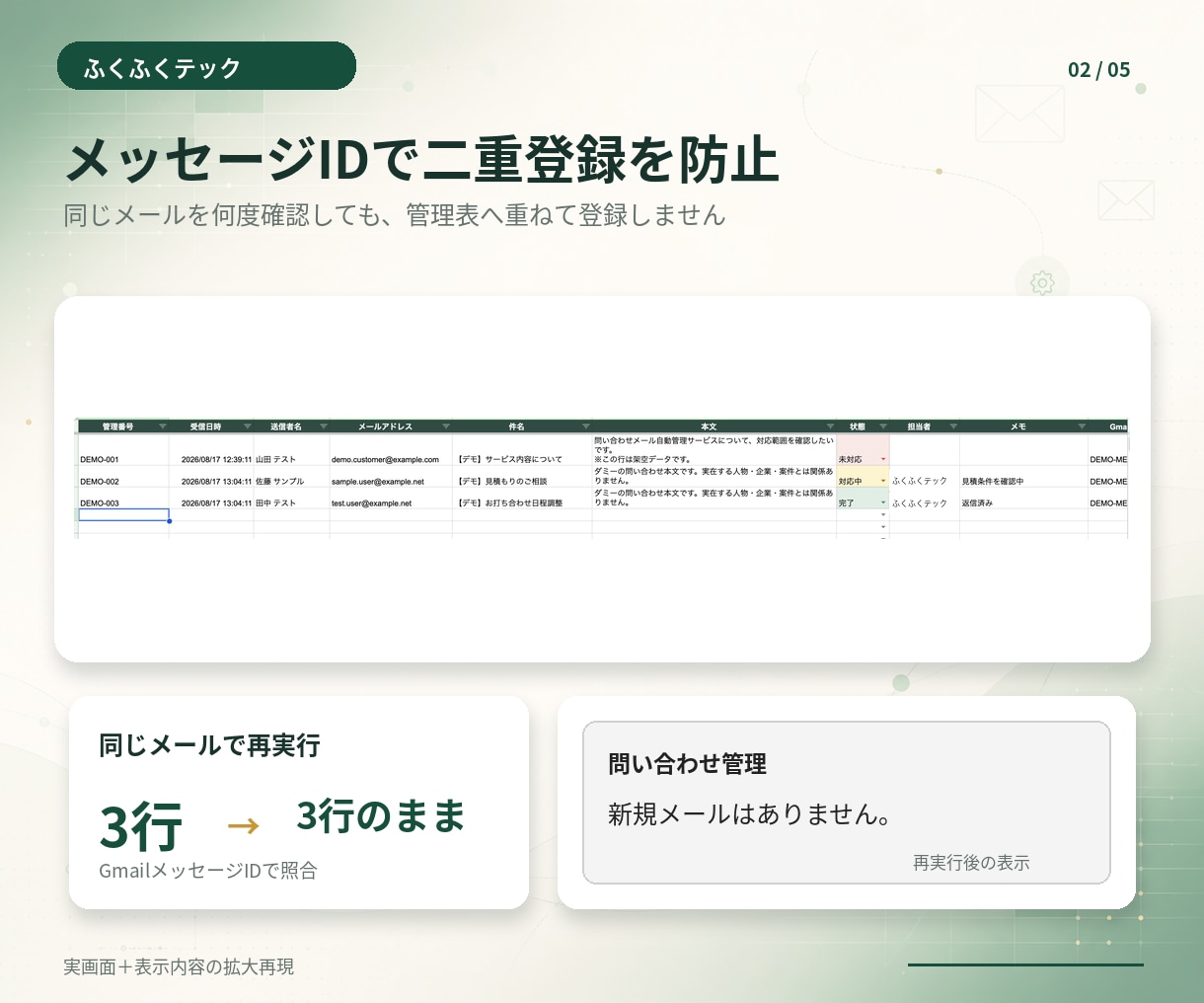 問い合わせメールを自動で一覧管理します Gmailの確認・転記・対応状況をまとめて自動化 イメージ2
