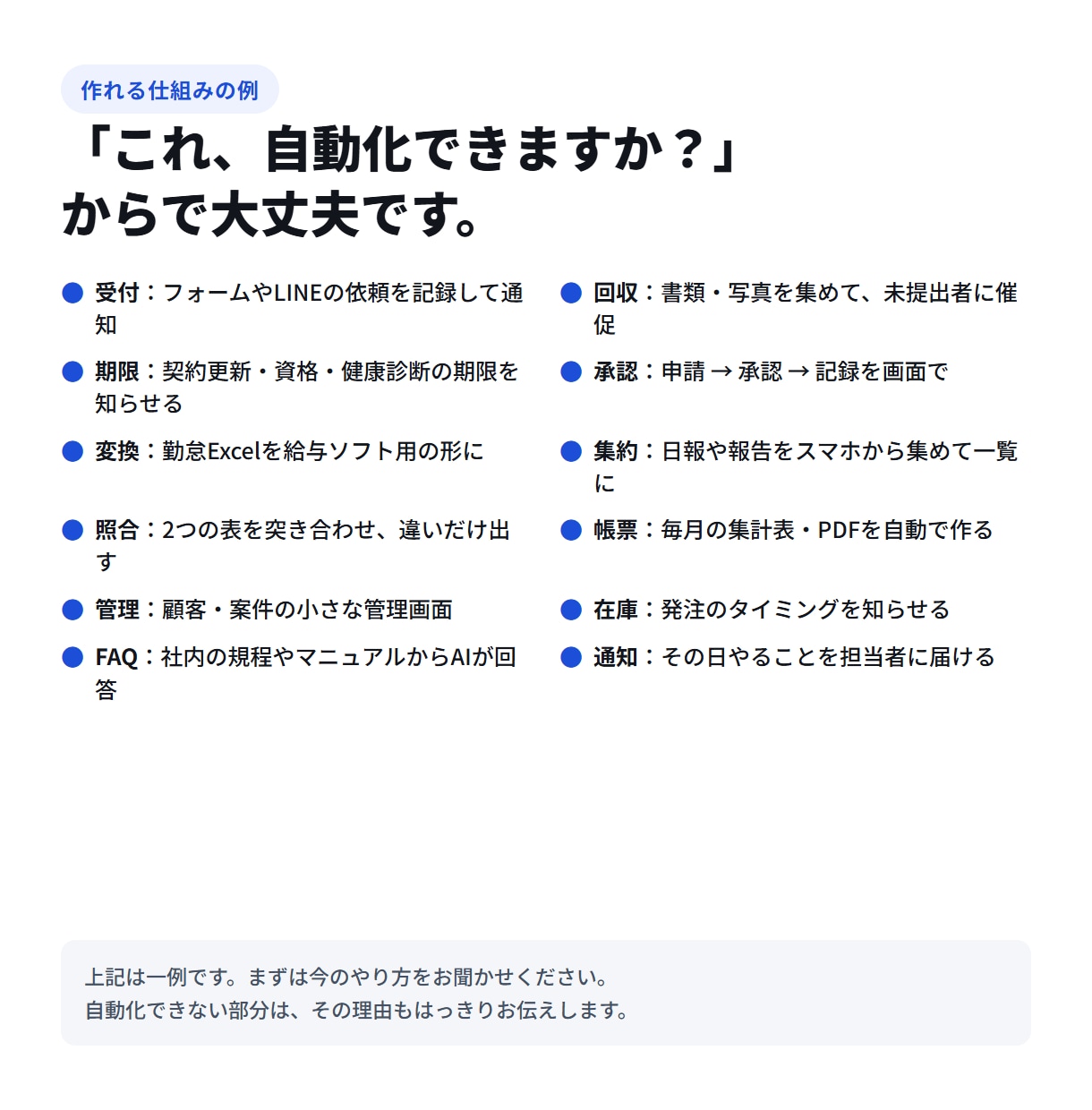 業務を自動化できるか60分で見極めます 手作業の棚卸しと、費用対効果の試算までお出しします イメージ1
