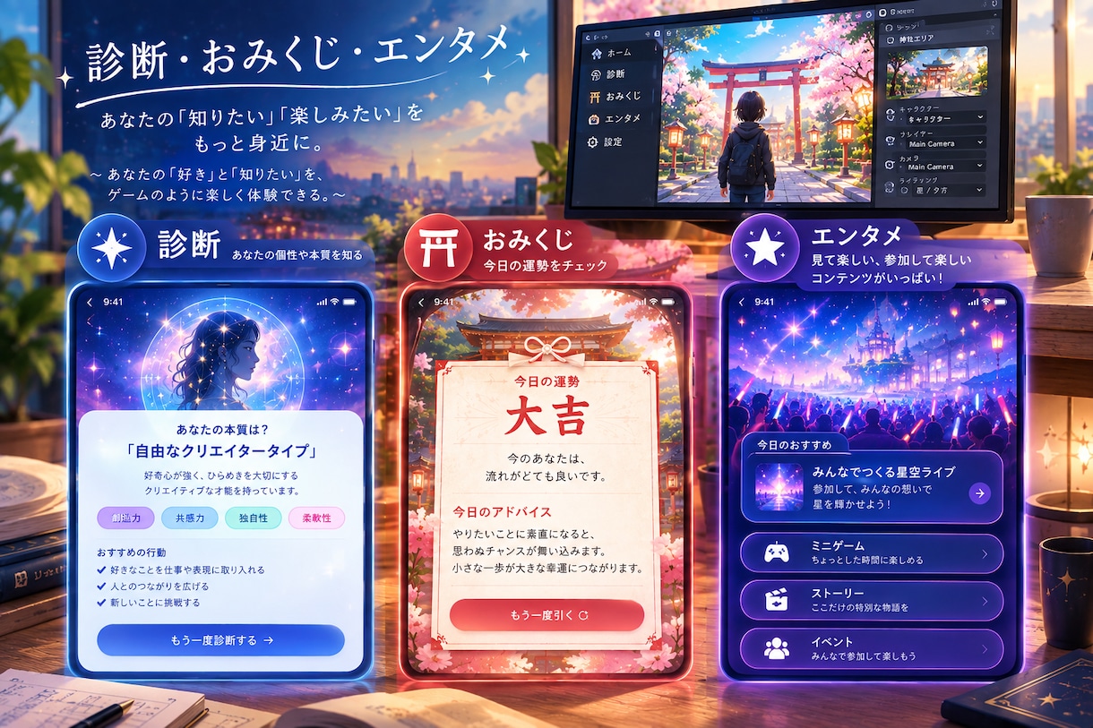 診断・おみくじ・エンタメ系アプリを開発します ゲーム感覚で楽しめるコンテンツまでUnityで形にします。 イメージ1