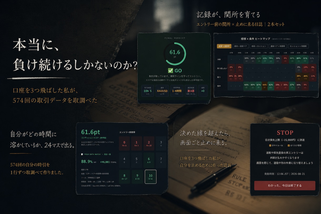 エントリー前チェックと取引日誌ツールを提供します 取引履歴を取り込むと、判定があなたのデータになります イメージ1
