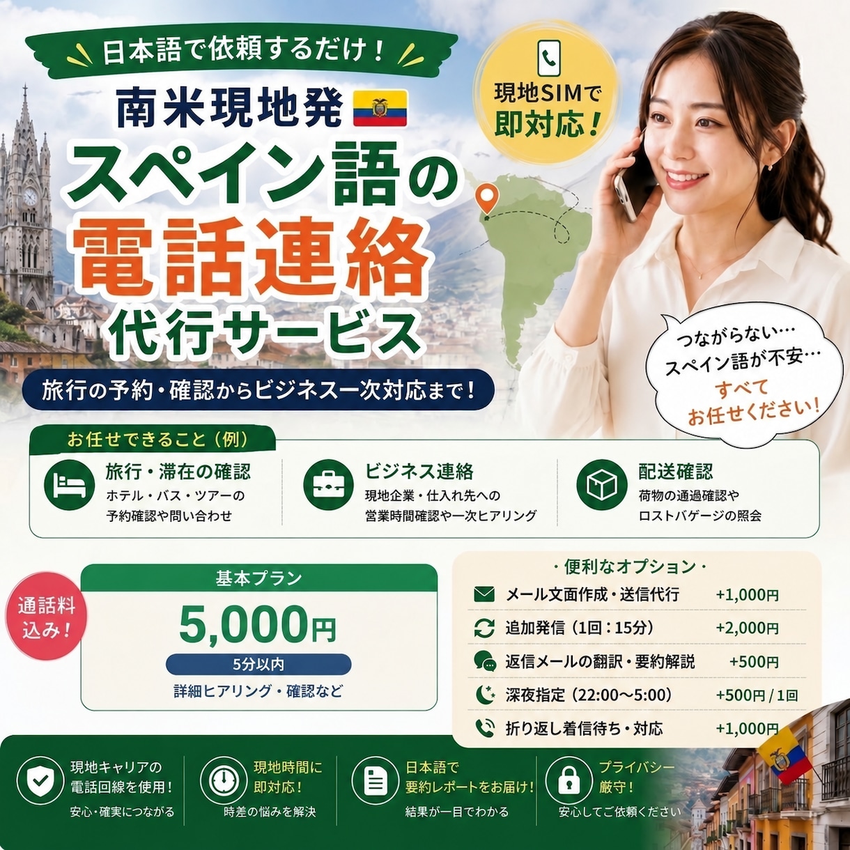 南米現地発！スペイン語で問い合わせ電話代行します 現地SIM直発信／旅行の予約・確認からビジネス一次対応まで！ イメージ1