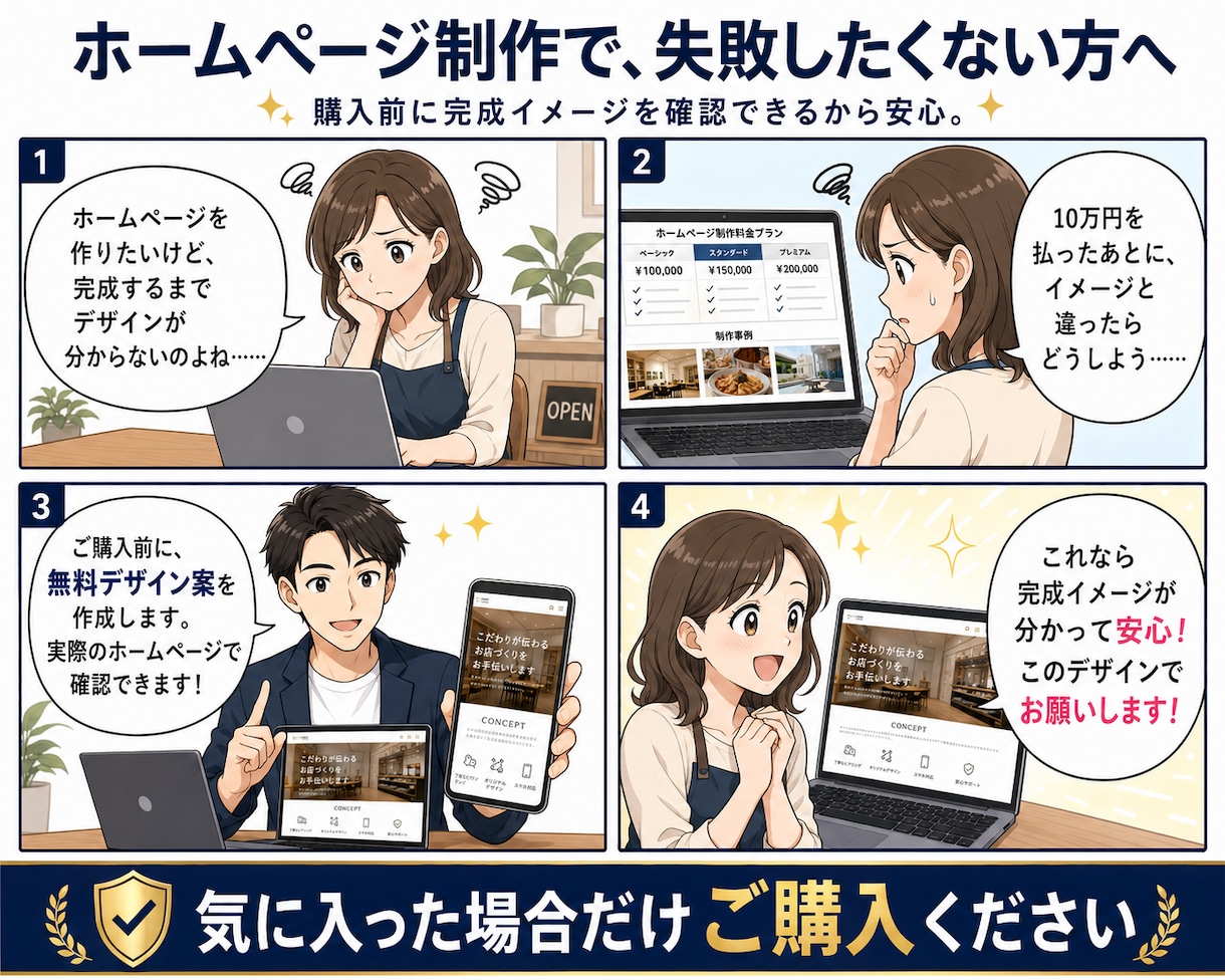 ご購入前にホームページの無料デザイン案を作成します 無料デザイン案を見て、気に入った場合のみご購入いただけます！ イメージ2
