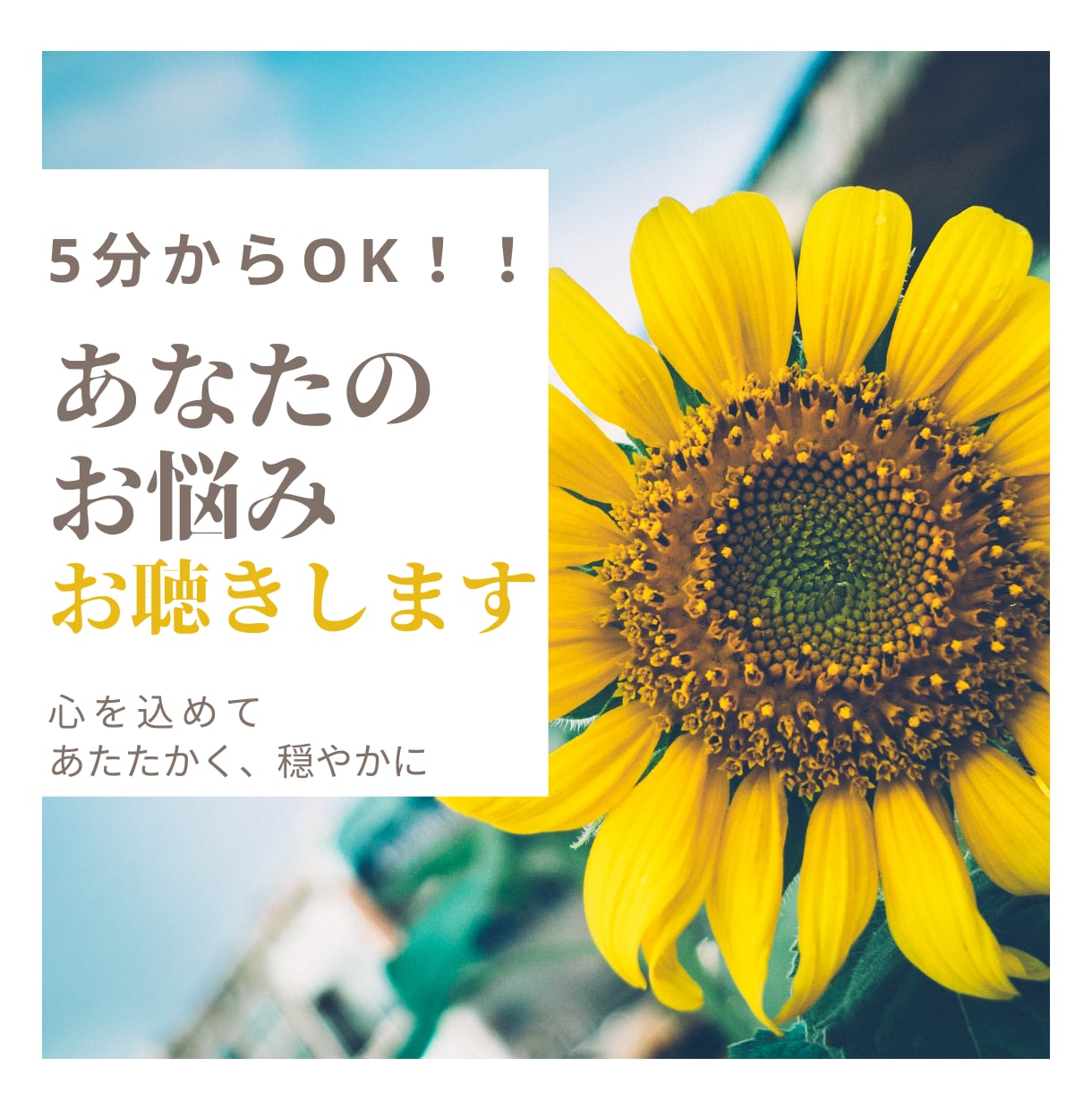 5分からOK！【あなたのお悩み】をお聴きします 真心と魂込めてお聴きします！大丈夫、ひとりじゃないよ。 イメージ1