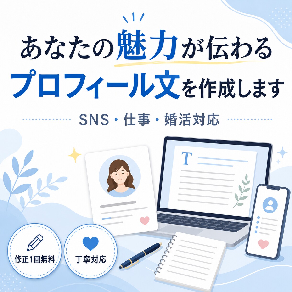 あなたの魅力が伝わるプロフィール文を作りますます SNS・仕事・婚活向けに自然な自己紹介文を作成します イメージ1